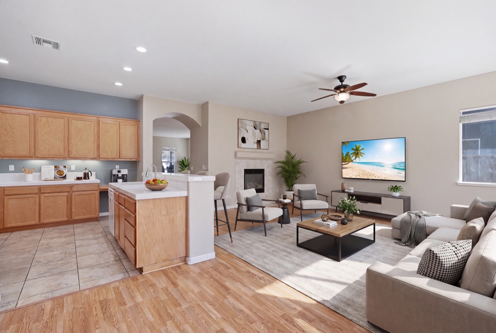Virtually staged living room and kitchen